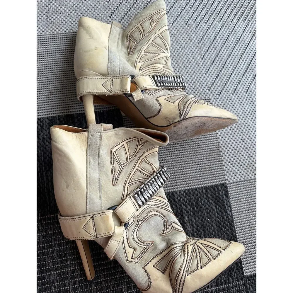 ISABEL MARANT Women's Blackson Ankle Western Boots Size 37 Beige Pointed Toe - Picture 6 of 9